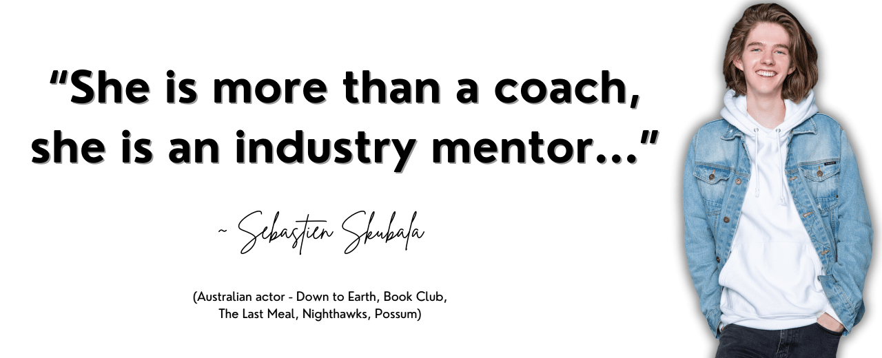 Publicity photo of Australian actor and singer Sebastien Skubala.  Text is testimonial, "She is more than a coach, she is an industry mentor..."