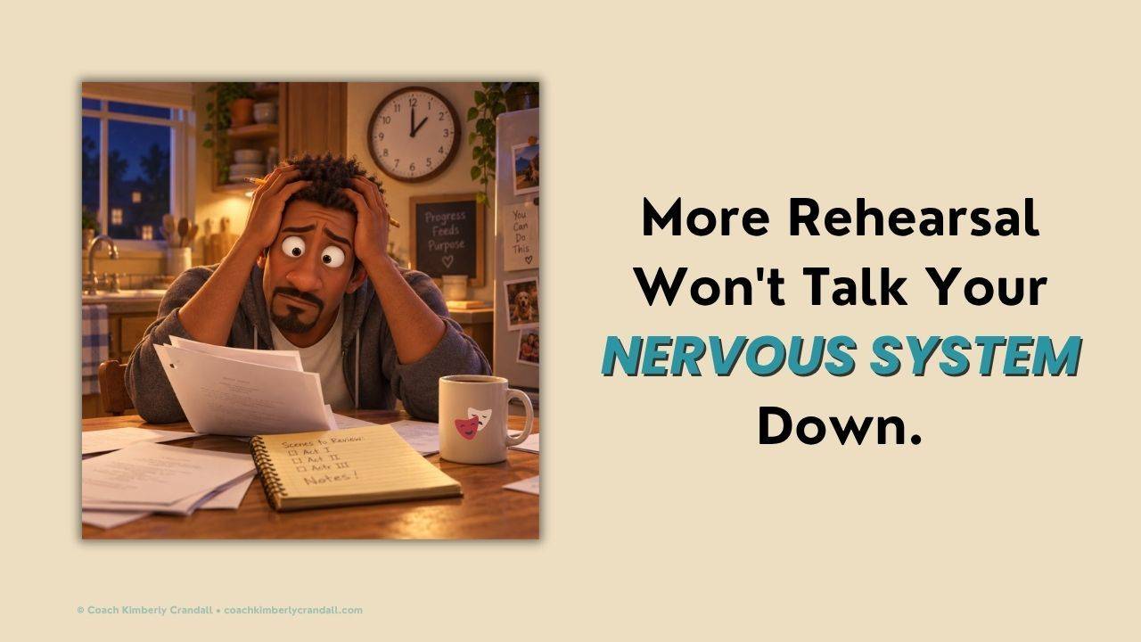 "Why Preparation Alone Does Not Stop Performance Anxiety." An actor sits at a kitchen table at night, head in hands, surrounded by scattered script pages.