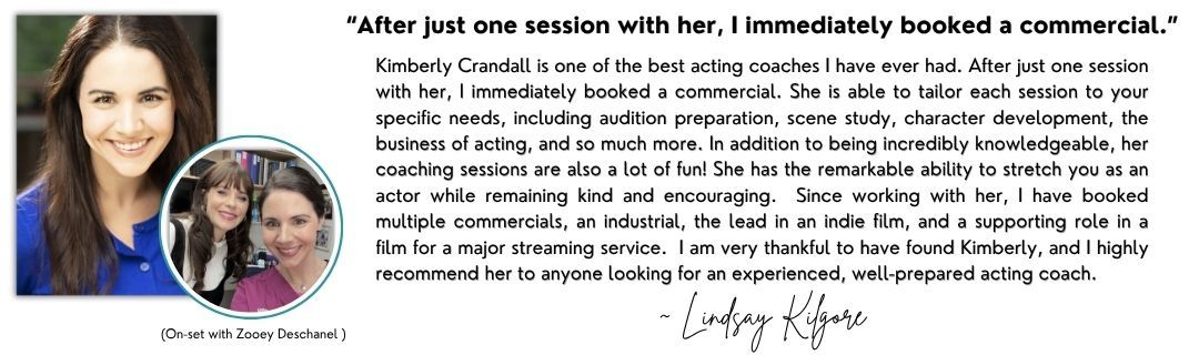Photo of actor Lindsay Kilgore. Text quote: "After just one session with her, I immediately booked a commercial."