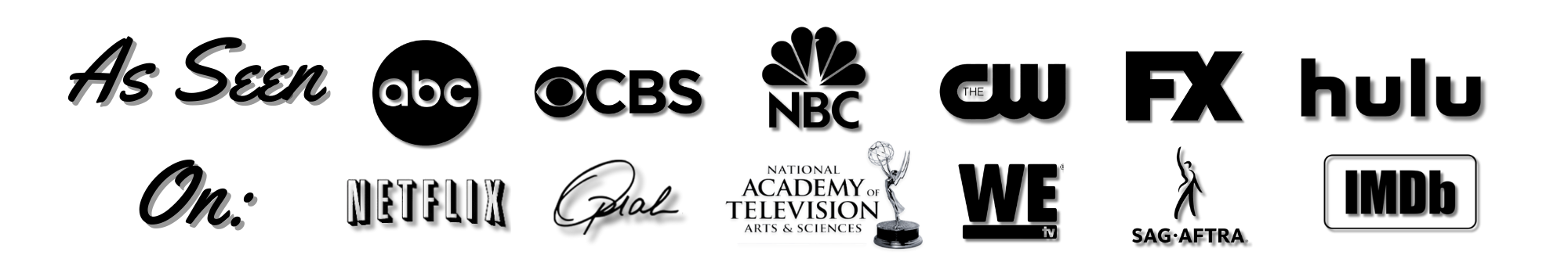 Text and image graphic, "As seen on: ABC, CBS, NBC, The CW, FX, Hulu, Netflix, Oprah, National Academy of Television Arts & Sciences, WEtv, Sag-Aftra, IMDB"