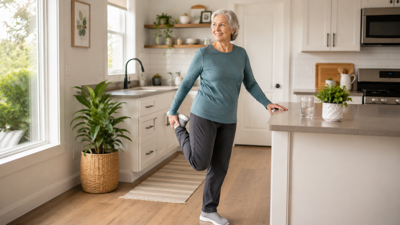 older woman exercising at counter