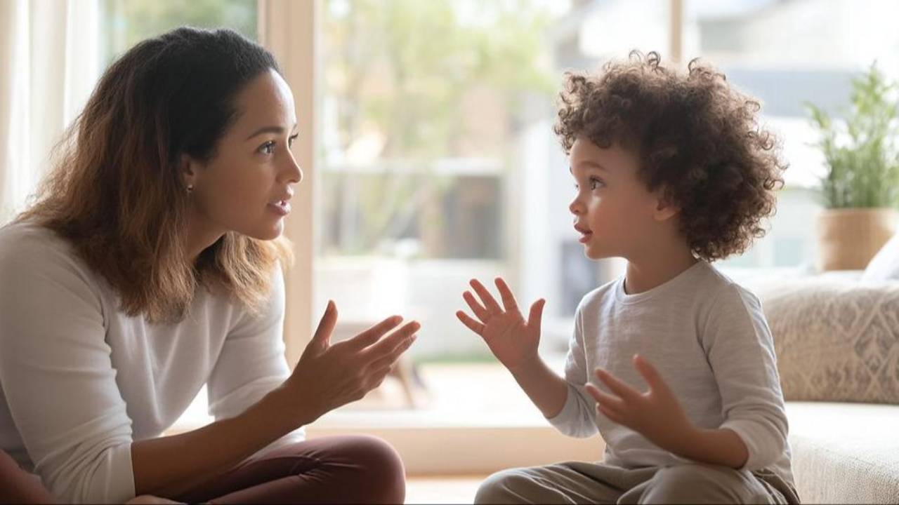 Woman practicing gentle discipline on a young child