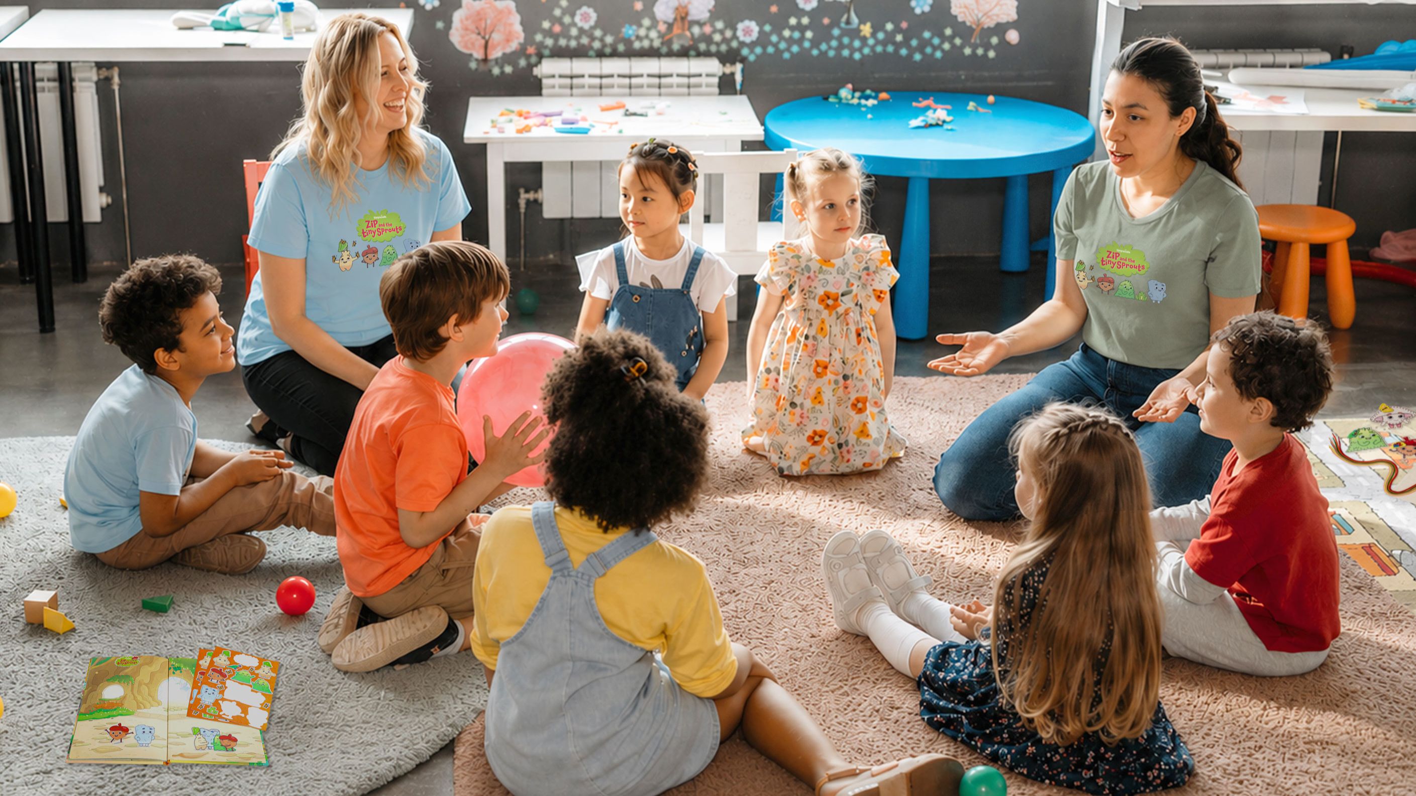Woman teaching a young boy and girl about patience through taking turns during play