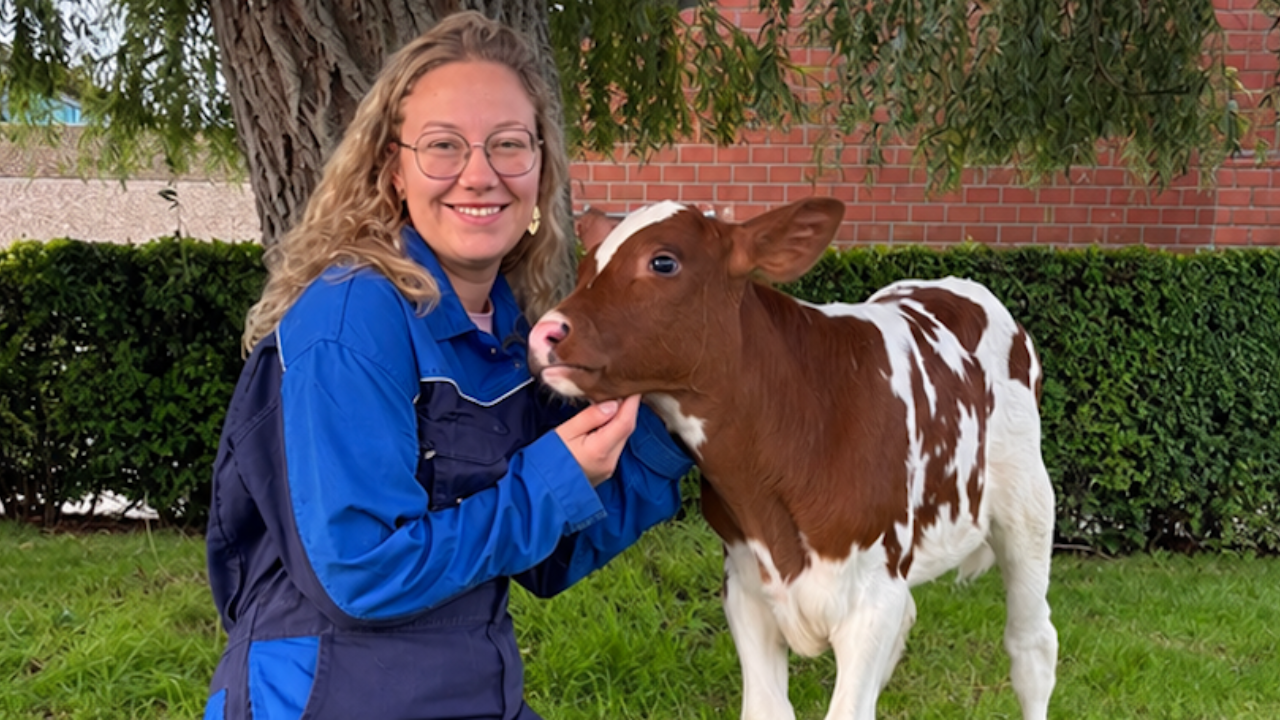 Jonge vrouw met diabetes type 1 op haar boerderij, samen met een kalf