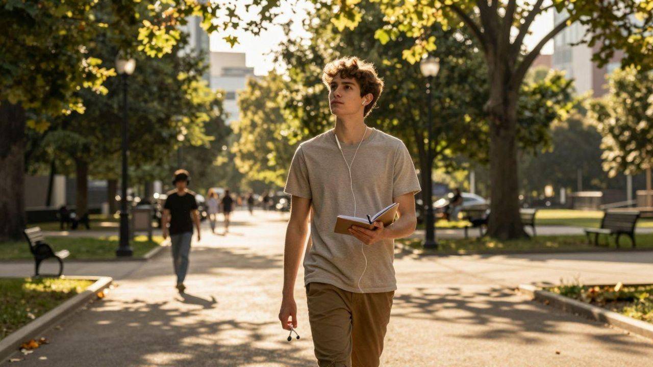 Young adult walking outdoors on a tree-lined path