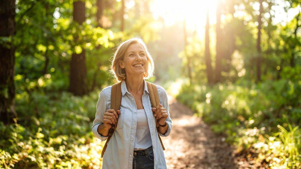 Woman enjoying a peaceful walk outdoors in nature.