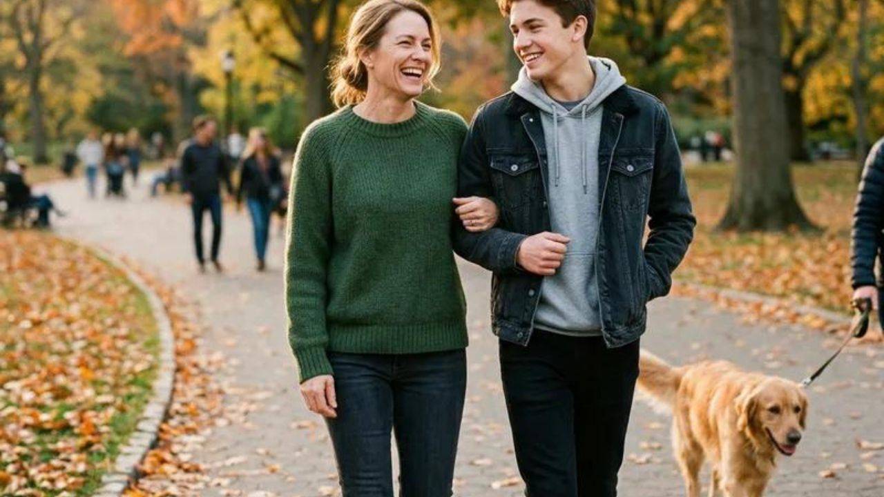 Parent and teen walking together and talking about motivation and direction