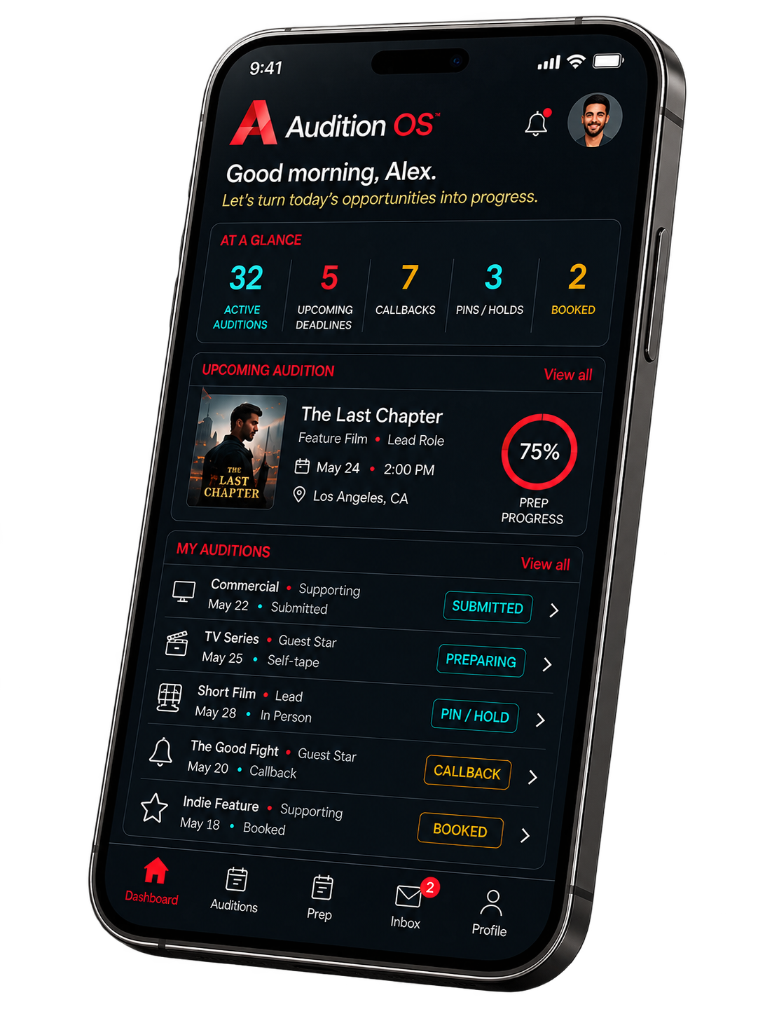 AuditionOS mobile dashboard mockup