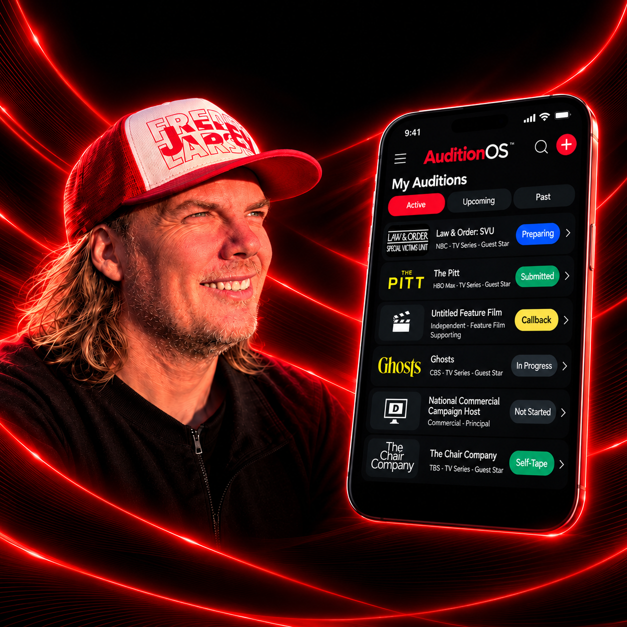Joey Freddy Larsen in red hat looking toward the AuditionOS audition tracking app