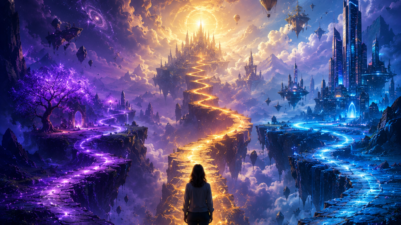 Woman facing 3 paths. One leads to the woods, in neon purple, one to a glowy castle on a mountain in sunny yellow nad one to a futuristic city in neon blue
