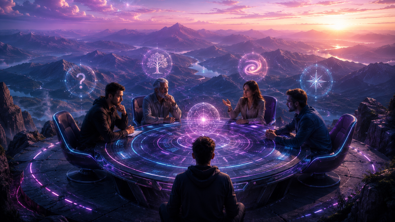 five people sitting at futuristic table with moutains visible in the background. 