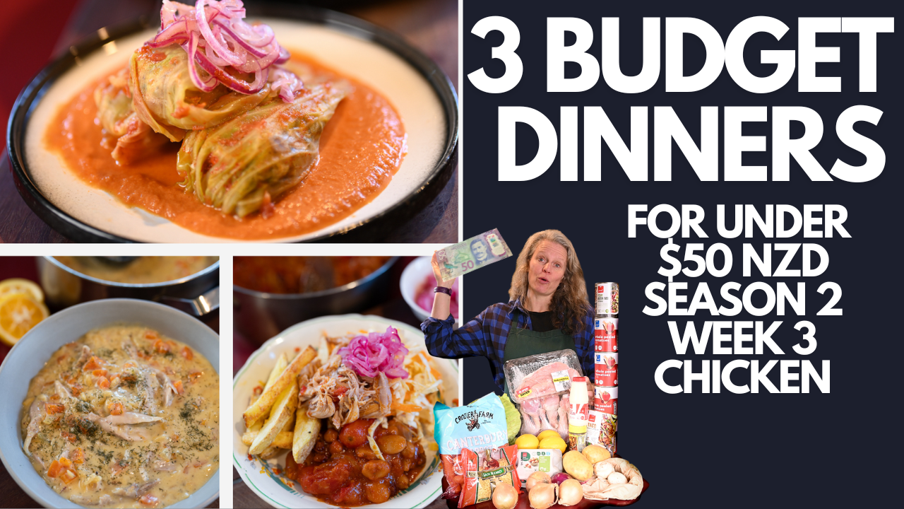 Three budget dinners from one supermarket shop under $50 NZD. Greek Lemon and Chicken Soup, Cabbage Rolls and Mexican Chicken