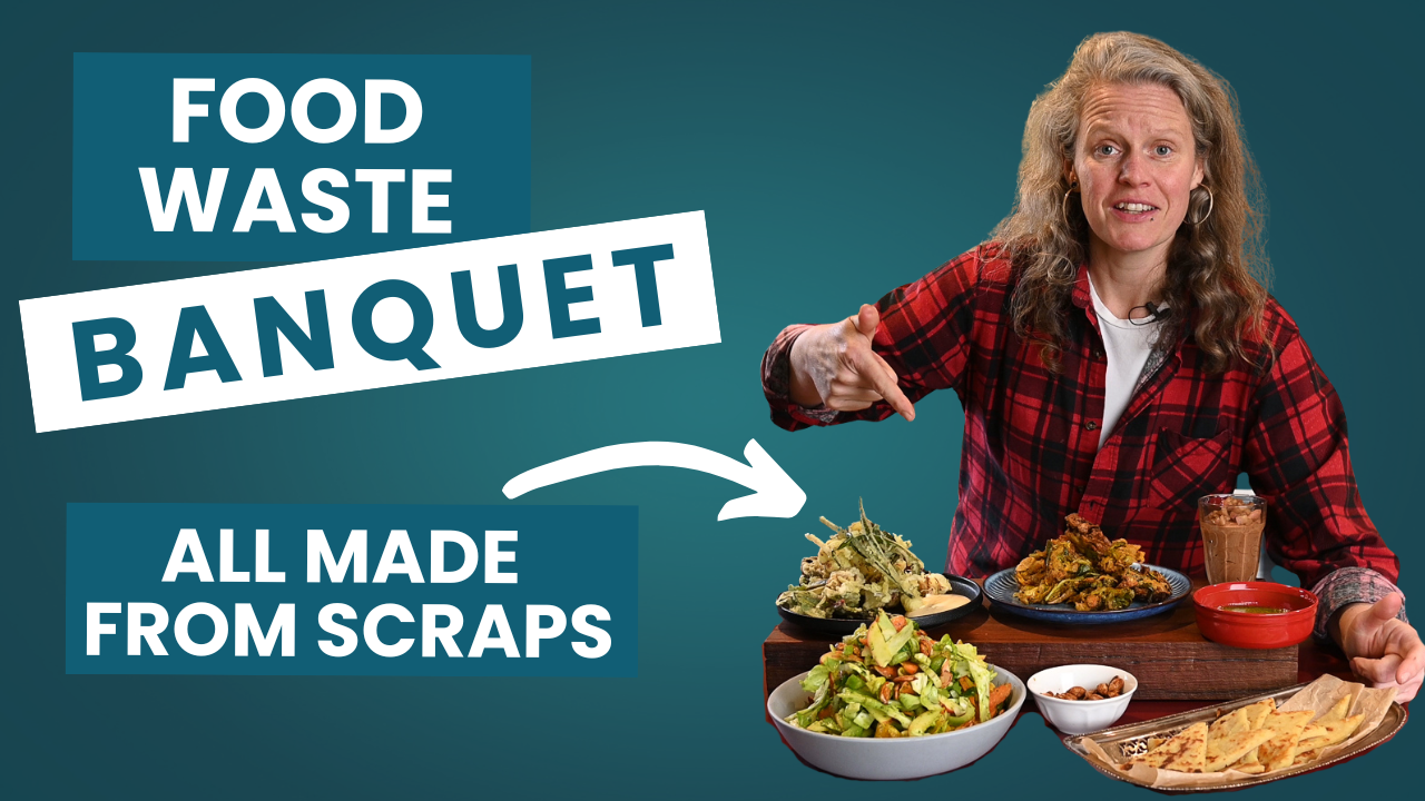 Food Waste Banquet. All made From Scarps. A table of dishes made from food waste, potato bread, fridge raid salad, veggie peel bhajis and fritto misto