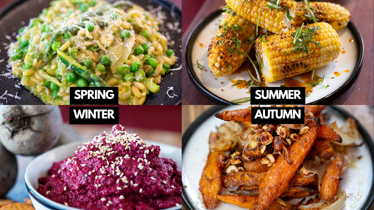 Four seasonal New Zealand dishes: creamy pea and asparagus risotto for spring, charred corn on the cob with herbs for summer, roasted carrots with hazelnuts for autumn, and beetroot dip with sesame seeds for winter.