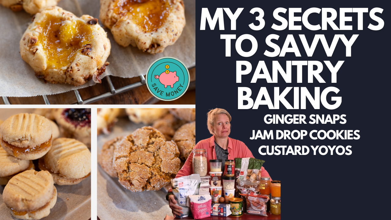 Savvy Baking. Three cookies made from pantry staples: gingernuts, custard yoyos and hazelnut jam drops