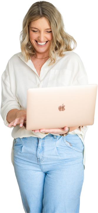 Claire English with her laptop