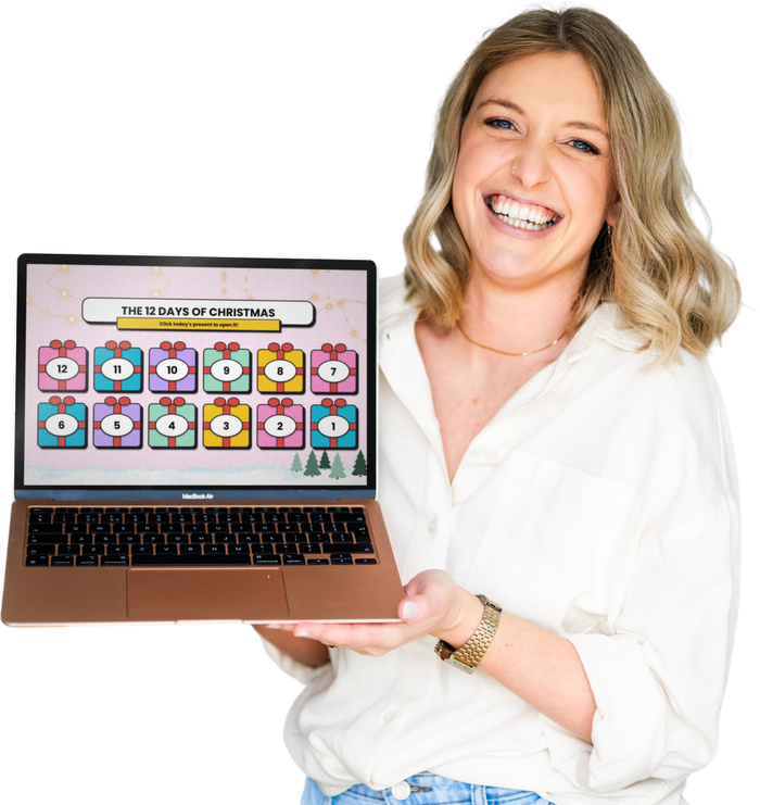 Claire holding a laptop showing the 12 Days of Christmas slide