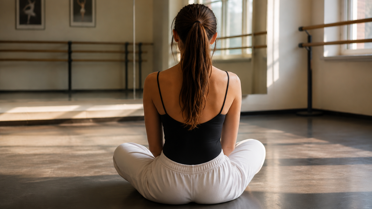woman in dance studio in black leotard with white pj pants, sitting 