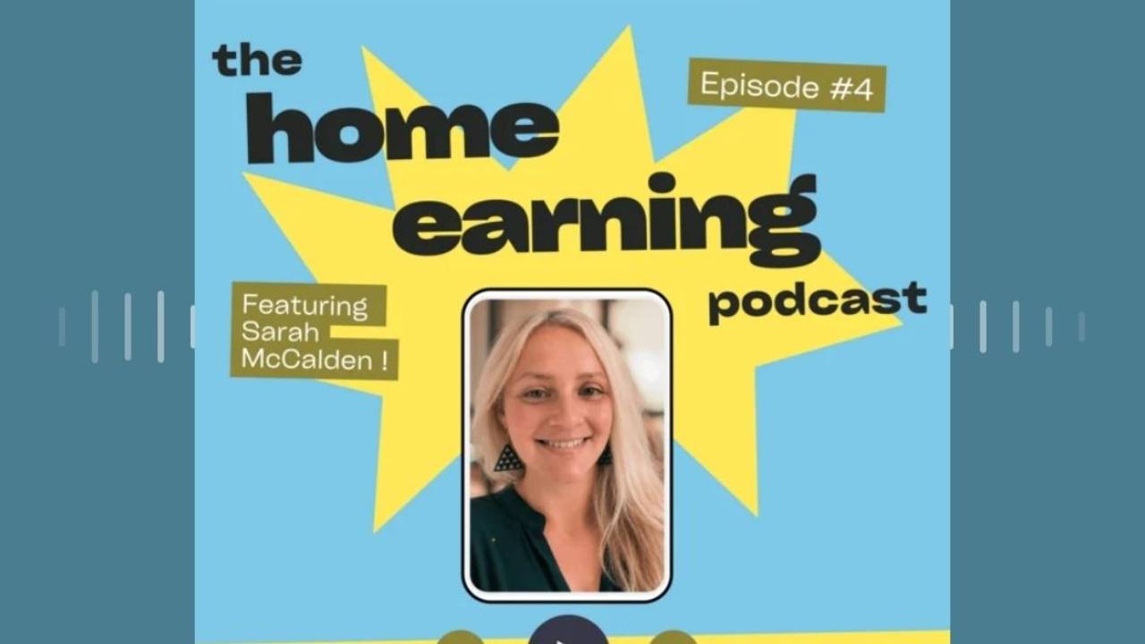 The Home Earning Podcast Logo  3 cartoon women sitting in front and below of the words Home Earning Podcast 