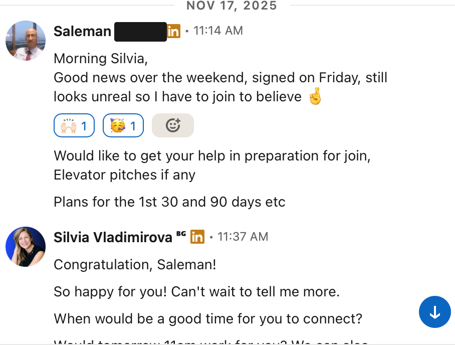 Saleman tells Silvia he signed on Friday and asks for help preparing to join.