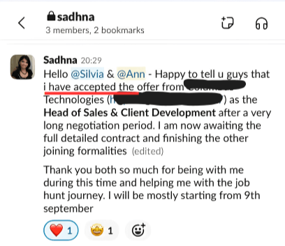 Sadhna accepts an offer as Head of Sales and Client Development. The company name is covered.