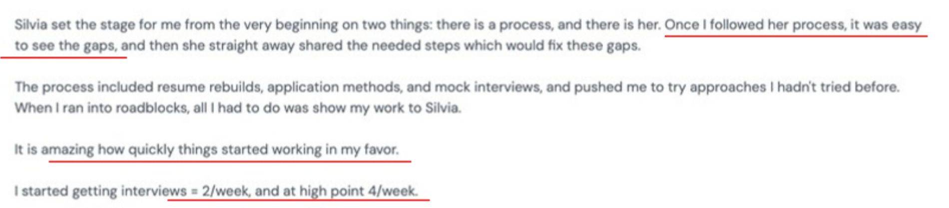 Akshay's whole testimonial, with the lines about quick results and interviews per week underlined.
