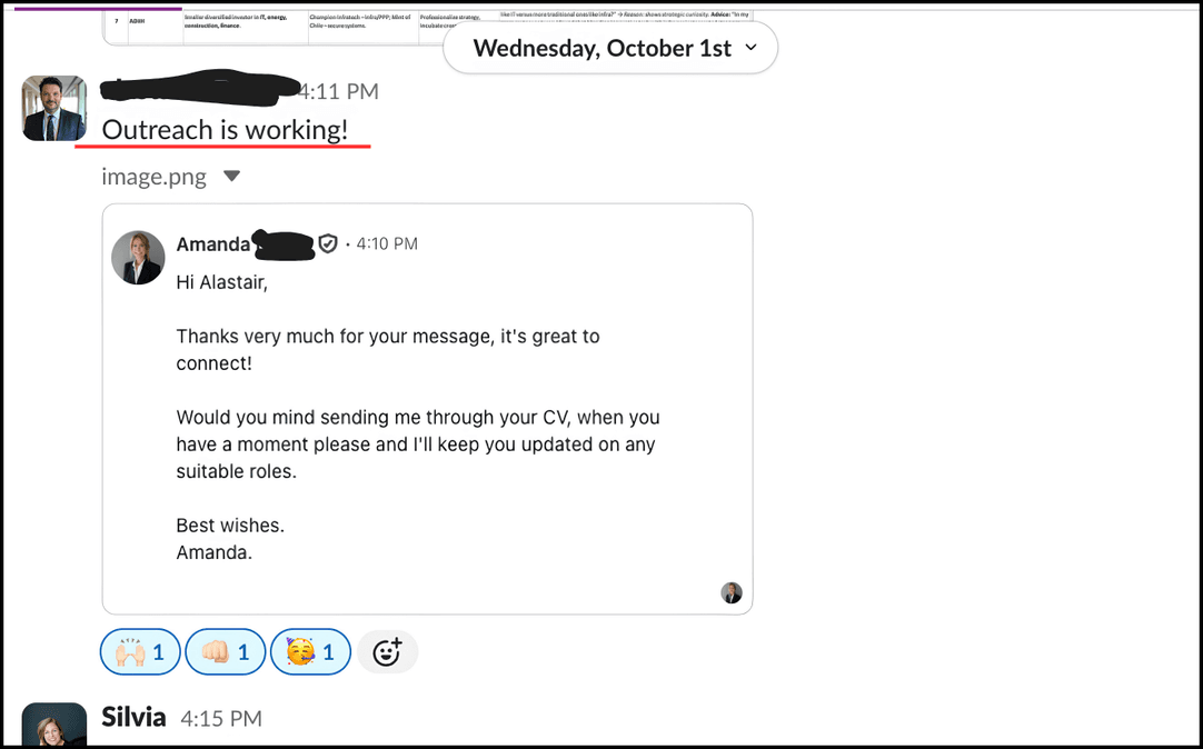 A client says outreach is working and shows a recruiter's reply asking for his CV.