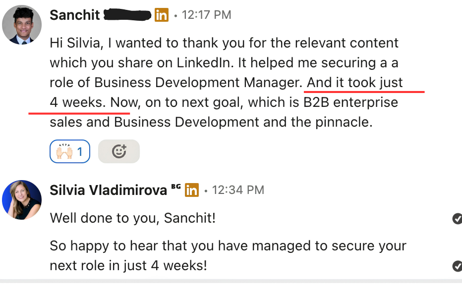 Sanchit thanks Silvia and says he secured a Business Development Manager role in four weeks.