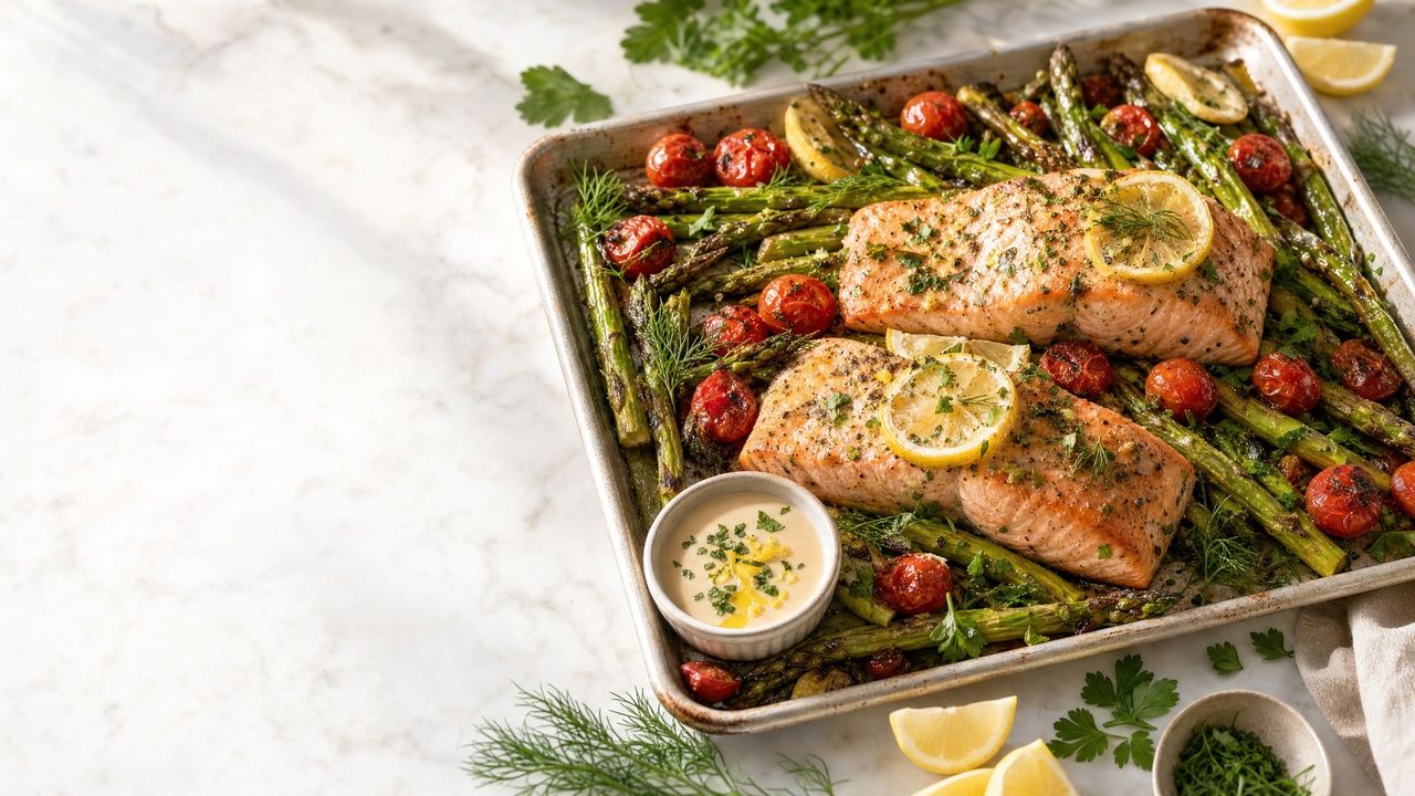 A plated lemon herb baked salmon fillet generously drizzled with creamy lemon tahini sauce, served alongside roasted asparagus spears and blistered cherry tomatoes on a white speckled ceramic plate. A lemon wedge and fresh dill garnish the plate. A small bowl of tahini drizzle is visible in the background.