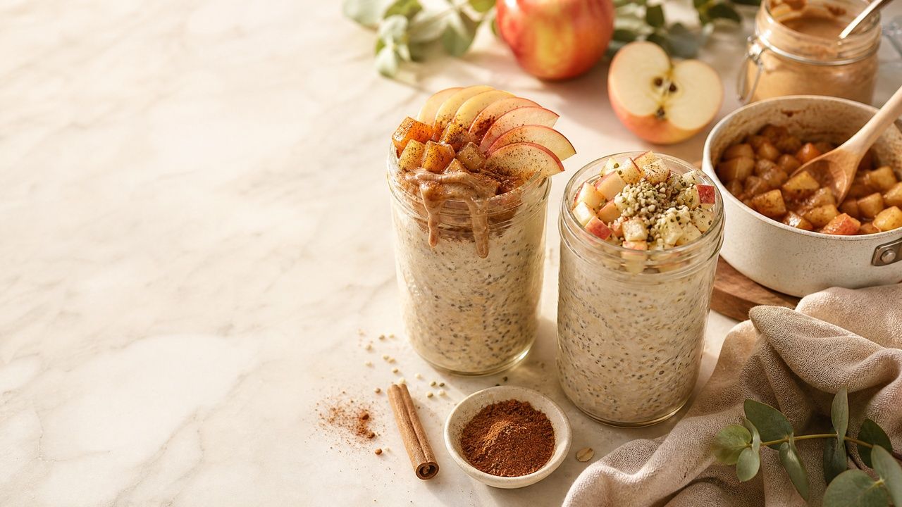 Two wide-mouth mason jars of Apple Cinnamon Gut-Healing Overnight Oats on a warm white marble surface in soft morning light — one topped with warm spiced apple compote, fanned Honeycrisp apple slices, and a drizzle of almond butter, the other with diced fresh apple and hemp seeds. A small saucepan of warm spiced apple compote with a wooden spoon, a cinnamon stick, a small dish of Ceylon cinnamon, and a halved apple are styled alongside on a cream linen napkin.