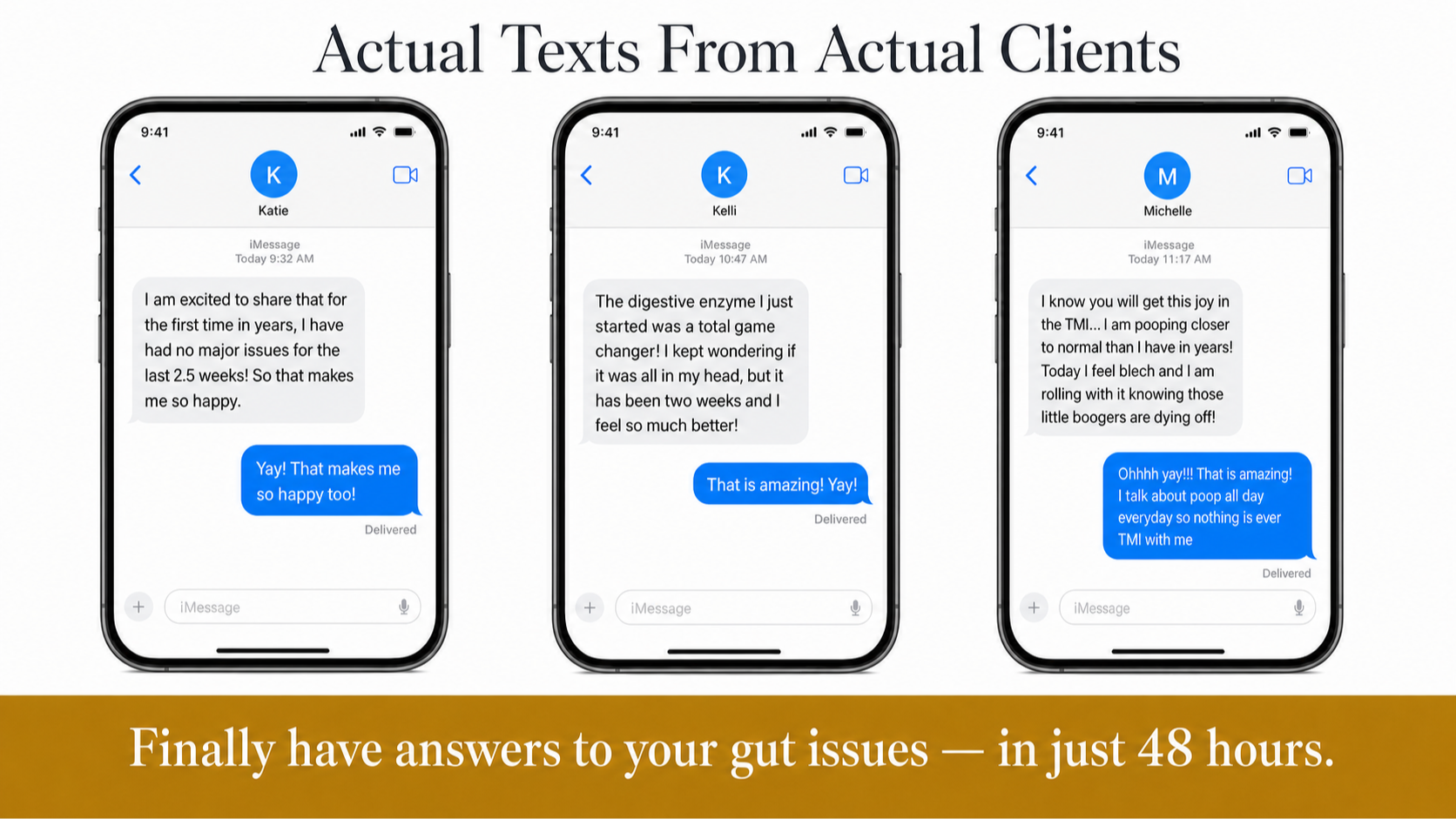 Screenshots of client success messages highlighting results from a functional medicine gut health program, including less bloating, better digestion, more energy, and improved women’s health outcomes