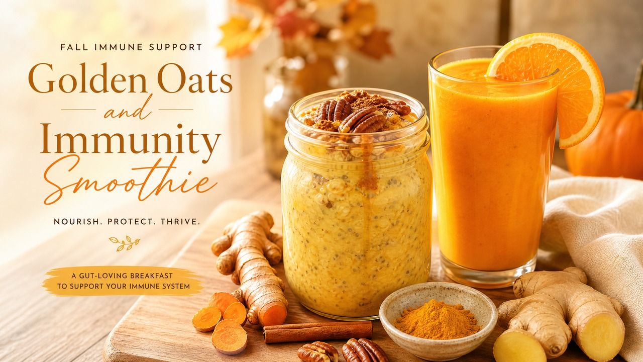 A bright and healthy fall breakfast spread featuring a glass jar of creamy golden milk overnight oats topped with pecans, placed next to a tall glass of vibrant orange ginger turmeric immunity smoothie, styled with fresh turmeric root and cinnamon sticks.