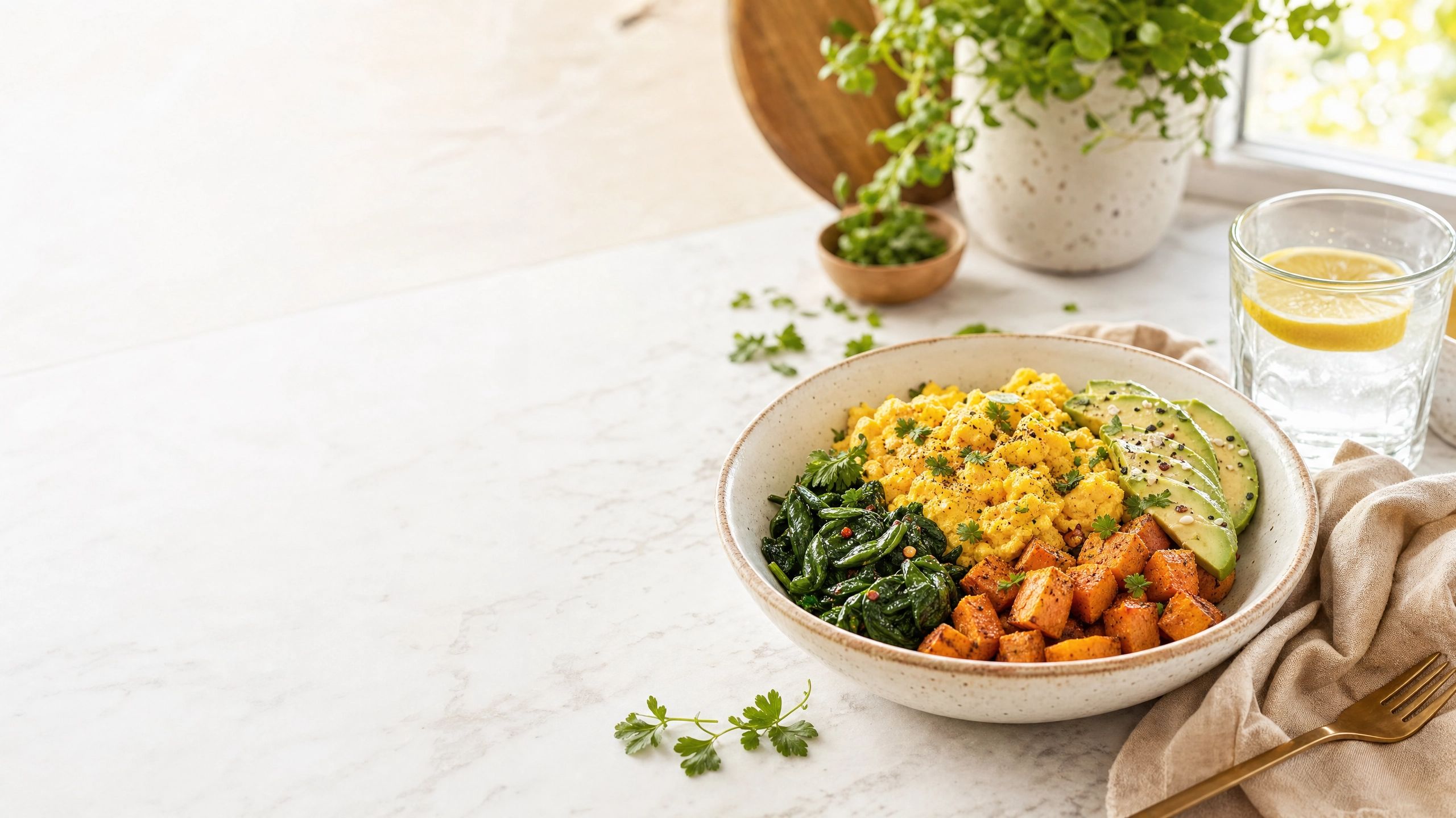 A white ceramic bowl filled with golden turmeric scrambled eggs, caramelized roasted sweet potato cubes, sautéed spinach, and sliced avocado topped with fresh microgreens, on a white marble surface.
