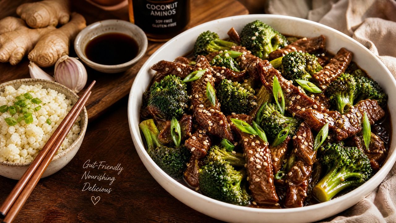 A large white ceramic bowl of crockpot beef and broccoli — tender grass-fed beef strips and vibrant green broccoli florets coated in a glossy coconut aminos sesame sauce, garnished with toasted sesame seeds and sliced green onions, styled alongside a bowl of cauliflower rice, fresh ginger, garlic, and a bottle of coconut aminos on a warm wooden surface.