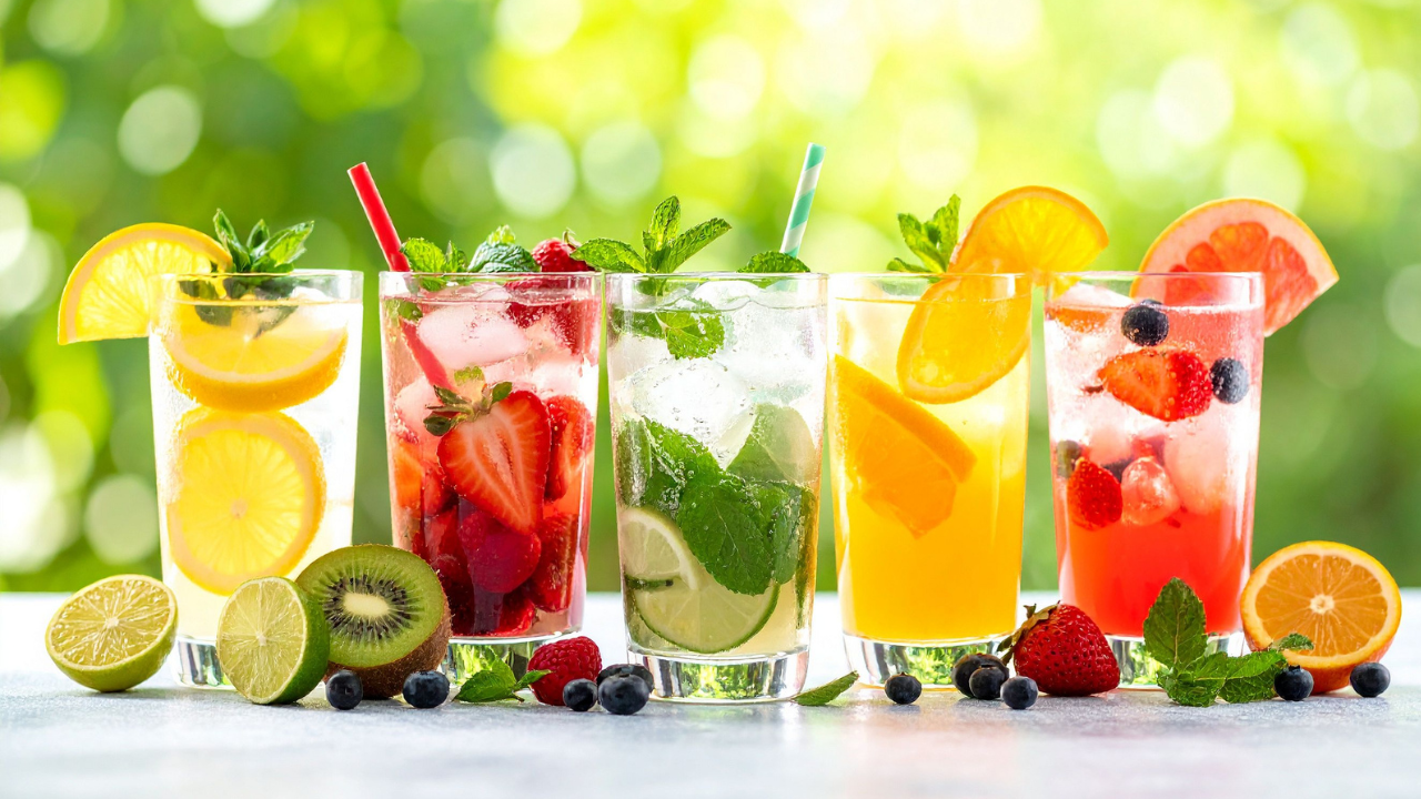 summer time flavored water drinks with fruit and herbs