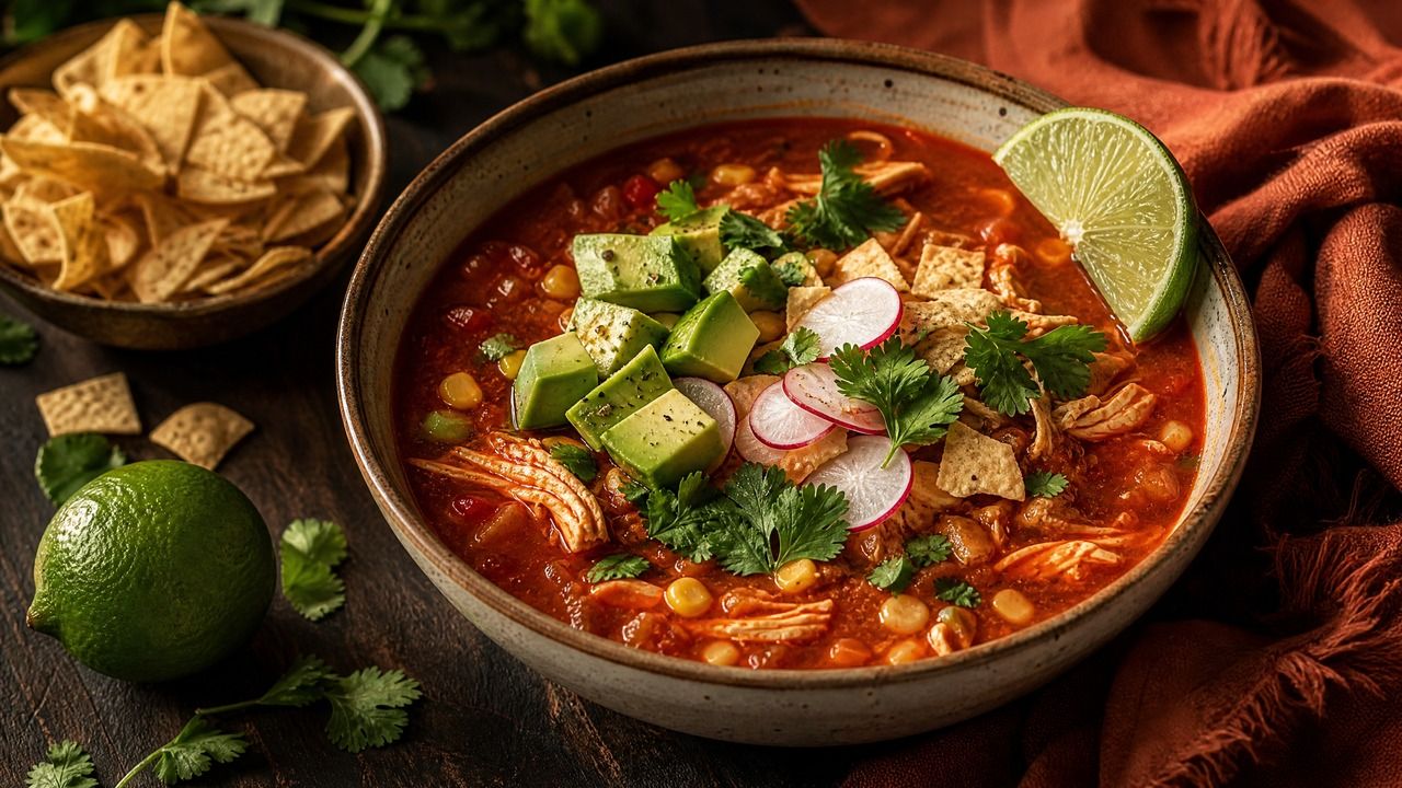 A large rustic bowl of warm chicken tortilla soup with a rich red bone broth base, shredded chicken, and sweet corn, generously topped with diced avocado, fresh cilantro, sliced radishes, and crushed grain-free tortilla chips, styled on a dark wooden table with a lime wedge.