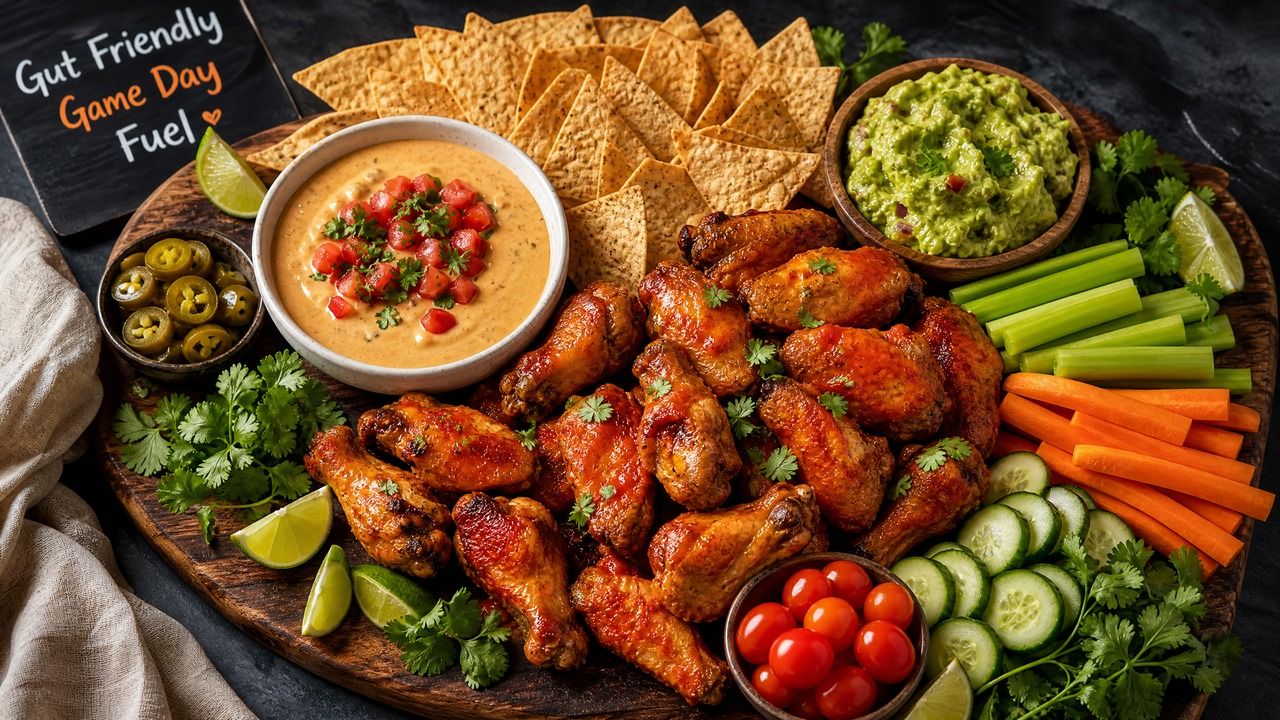 Overhead shot of a gut-friendly game day spread on a wood board, featuring crispy baked buffalo wings, dairy-free queso topped with pico de gallo, guacamole, grain-free tortilla chips, celery, carrots, cucumber, cherry tomatoes, and pickled jalapeños
