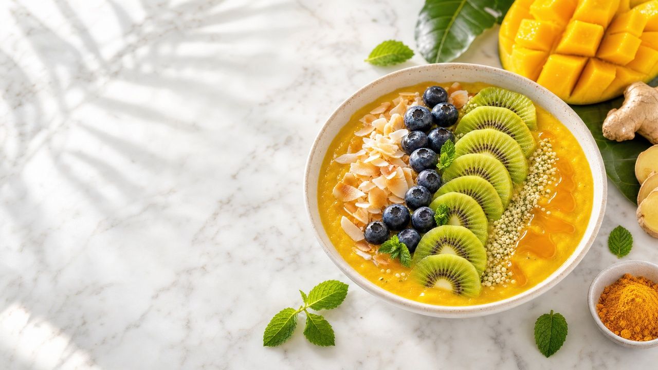 An overhead view of a vibrant golden-yellow tropical anti-inflammatory smoothie bowl in a wide white ceramic bowl on a white marble surface. The thick mango turmeric base is topped with fanned kiwi slices, a cluster of fresh blueberries, toasted coconut flakes, hemp seeds, and a honey drizzle. A halved mango and a small dish of turmeric powder rest beside the bowl.