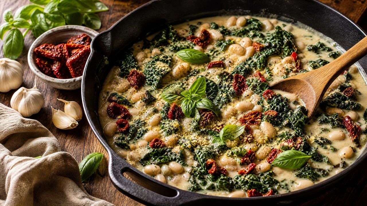 A cast iron skillet filled with a creamy, dairy-free Tuscan white bean and kale stew, featuring plump cannellini beans, vibrant green lacinato kale, and chopped sun-dried tomatoes in a rich coconut milk broth, garnished with fresh herbs.