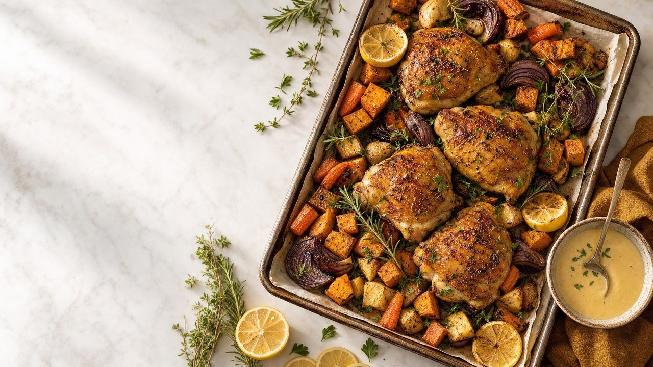An overhead view of a large rimmed baking sheet on a white marble surface filled with four golden-brown crispy-skinned chicken thighs nestled among caramelized sweet potato cubes, parsnip pieces, carrot chunks, and red onion wedges, garnished with fresh rosemary, thyme sprigs, and parsley, with a small ceramic bowl of lemon tahini drizzle and halved lemons styled alongside on a warm linen napkin.
