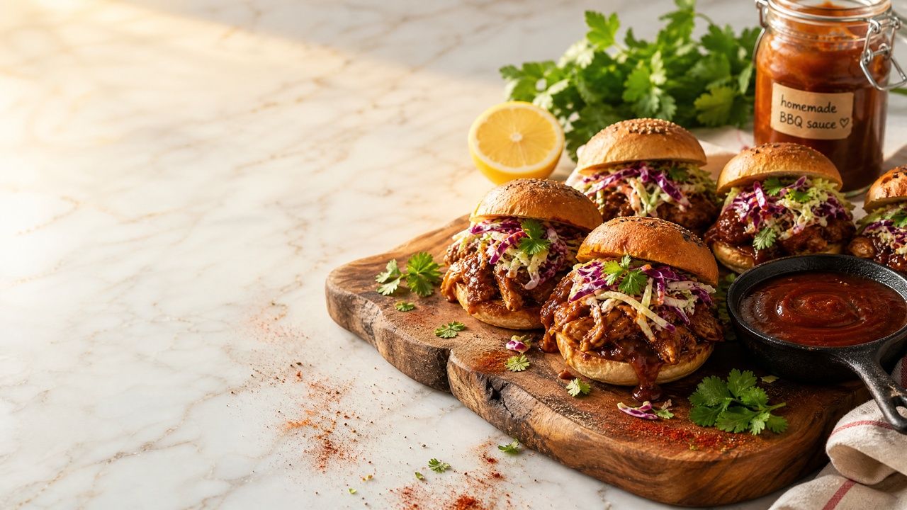 A rustic wooden cutting board on a white marble surface piled with gut-friendly BBQ pulled chicken sliders — each grain-free bun topped with deeply saucy caramelized pulled chicken, vibrant purple and green ACV coleslaw, and fresh cilantro. A small cast iron skillet of homemade BBQ sauce, a jar of homemade BBQ sauce, and a halved lemon are styled alongside in warm golden-hour light.