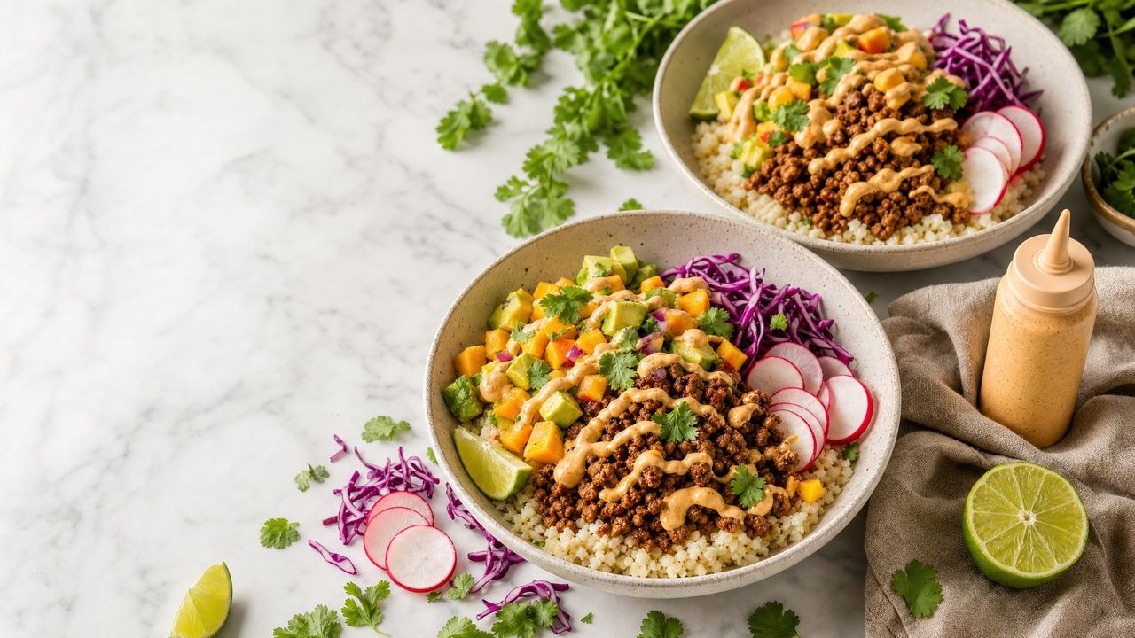 Two wide ceramic bowls of Paleo Ground Turkey Taco Bowls on a white marble surface, each filled with cauliflower rice, richly seasoned ground turkey, fresh mango avocado salsa, shredded purple cabbage, sliced radishes, and a generous drizzle of dairy-free chipotle cashew cream, garnished with fresh cilantro and lime wedges, with a squeeze bottle of cashew cream styled alongside.