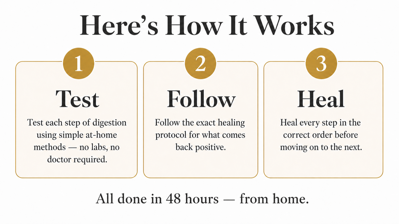 Three-step process of the 8-Step Gut Audit showing how women test digestion at home, follow a personalized protocol, and heal gut health to reduce bloating, support weight loss, and balance hormones