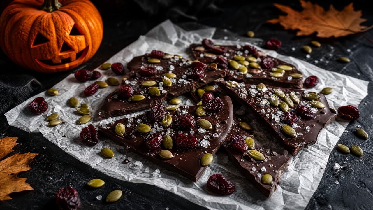 Rustic pieces of dark chocolate bark scattered on a piece of parchment paper, generously topped with toasted green pumpkin seeds, bright red dried cranberries, and flaky sea salt, styled for a healthy Halloween treat.
