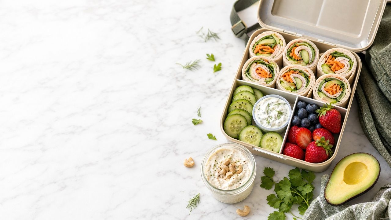 An open bento-style lunchbox packed with turkey and veggie pinwheel wrap rounds, cucumber slices with dairy-free tzatziki, fresh blueberries and strawberries, and a small jar of herb cashew cream spread on a white marble surface, with a halved avocado and fresh herbs styled alongside.