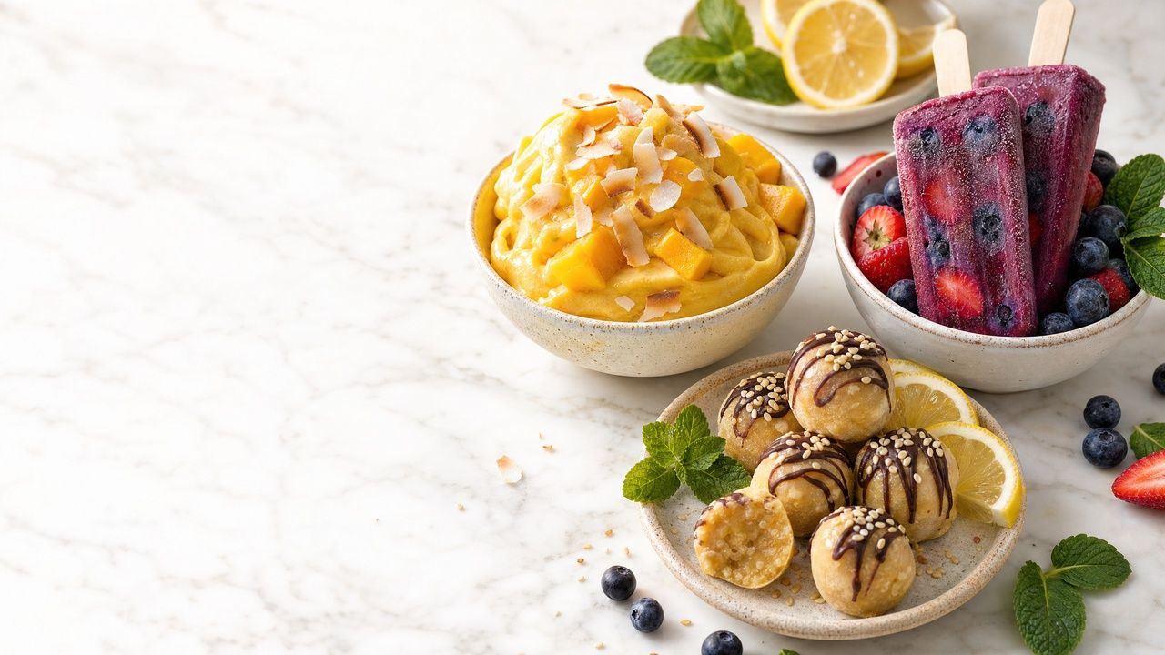 Three gut-friendly frozen treats displayed together on a white marble surface in warm natural light: a bowl of golden mango coconut nice cream topped with toasted coconut flakes and fresh mint, two vibrant berry probiotic popsicles resting in a bowl of mixed berries, and a plate of pale golden frozen lemon tahini bites drizzled with dark chocolate, with fresh mint leaves and lemon slices styled throughout.