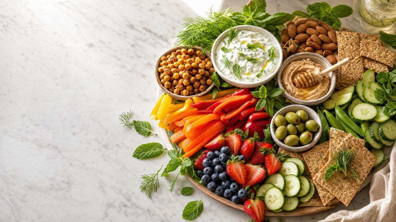 An overhead view of a full summer anti-inflammatory snack and appetizer board on a round wooden board, featuring smoky roasted chickpeas, dairy-free tzatziki with olive oil and fresh dill, mixed olives, rainbow bell pepper strips, cucumber rounds, fresh strawberries, blueberries, raspberries, grain-free crackers, and fresh basil and mint scattered throughout.