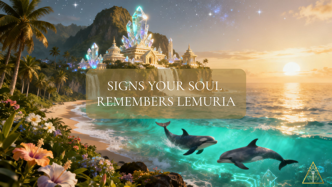 Sacred Lemurian landscape with crystal temples, ocean and spiritual awakening energy