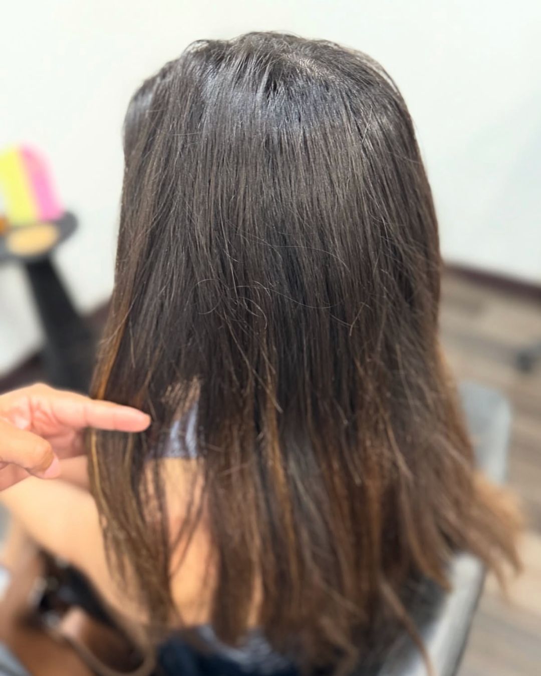 Before: dark brunette hair with grown-out ends