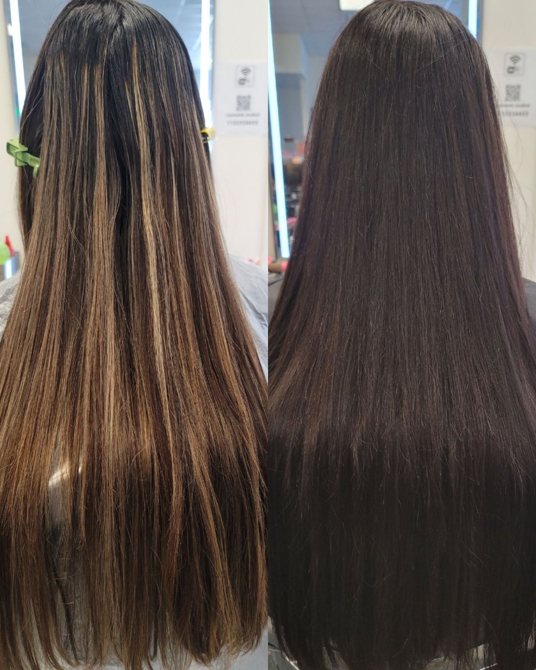 Before and after: highlights blended back to rich brunette